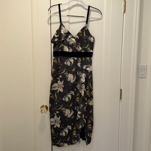 Cinq a Sept Floral Dress with Velvet Trim and slit in front.